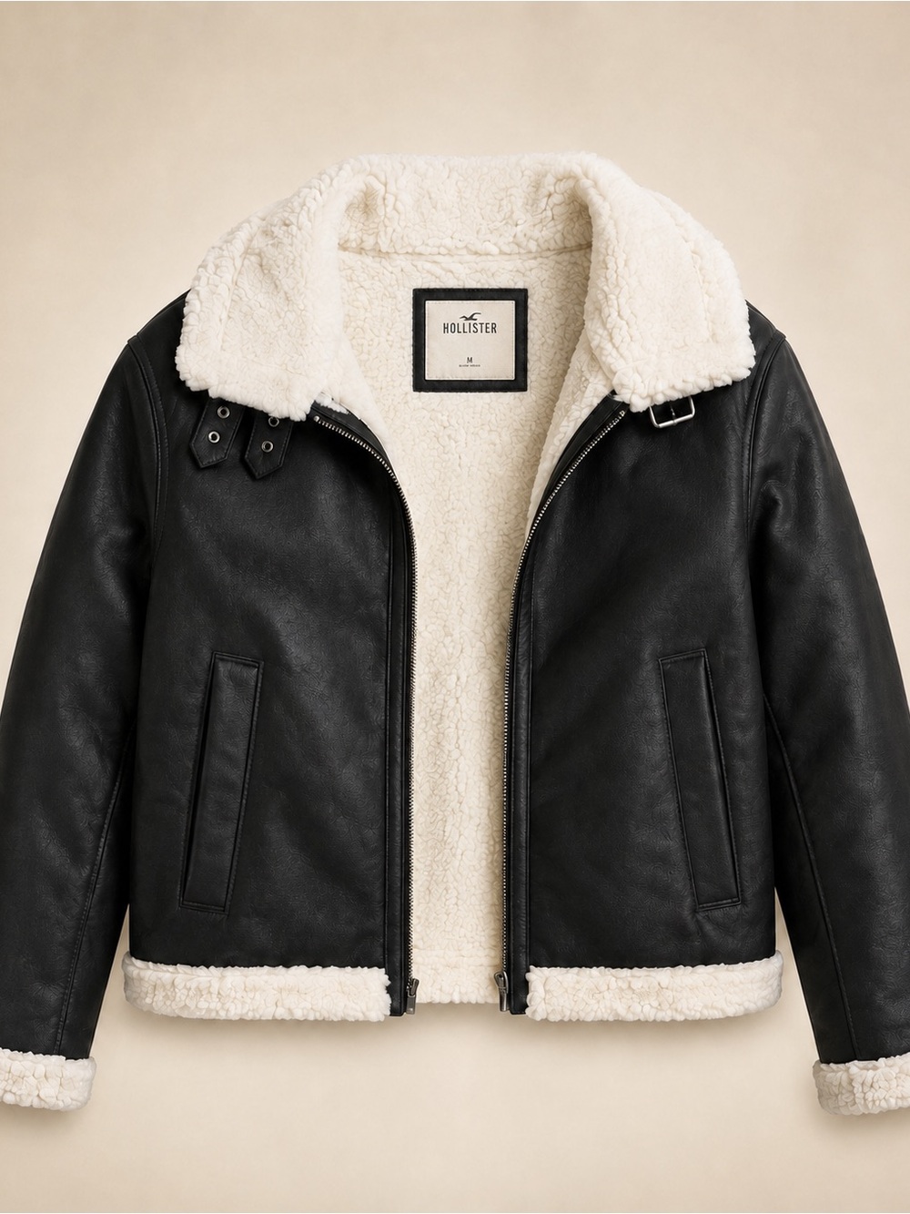 HOLISTER- Vegan Leather Plush Lined Motorcycle Coat